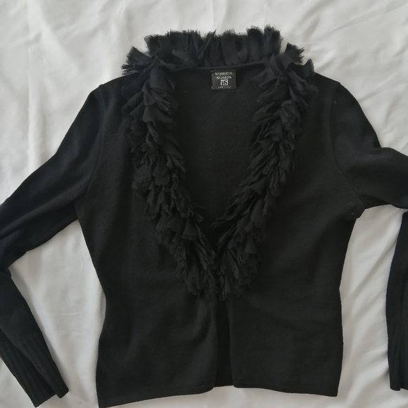 Roberta Scarpa Virgin Wool Cardigan with Silk Ruffle Trim Italian Luxury 12 (46) - Picture 14 of 16